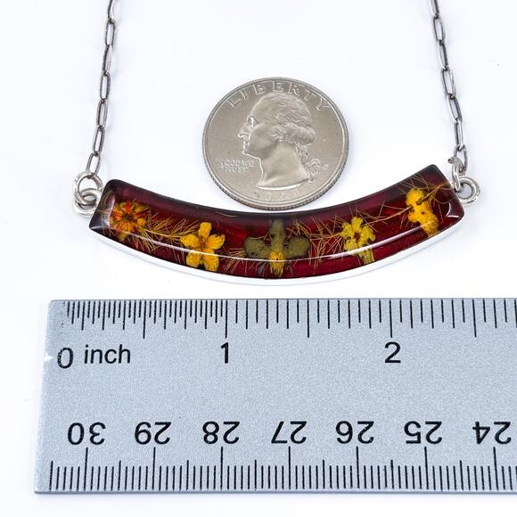 Vintage Sterling Silver Pressed Flower Bar Necklace | Real Botanical Jewelry 16" - Picture 5 of 7